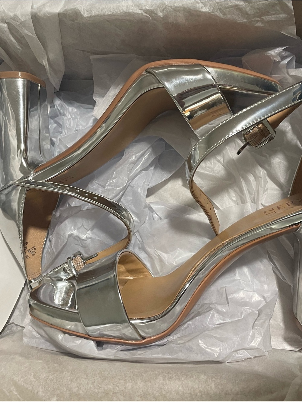 Naturalizer Silver Metallic Block Heel Sandals with Ankle Strap